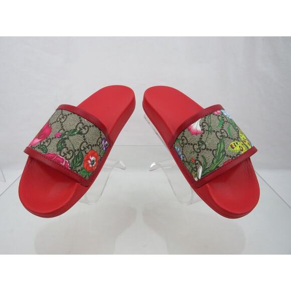 GUCCI 602096 GG SUPREME BLUM RED LEATHER CANVAS FLORAL SANDALS SLIDES 35 US 5 - Picture 7 of 12